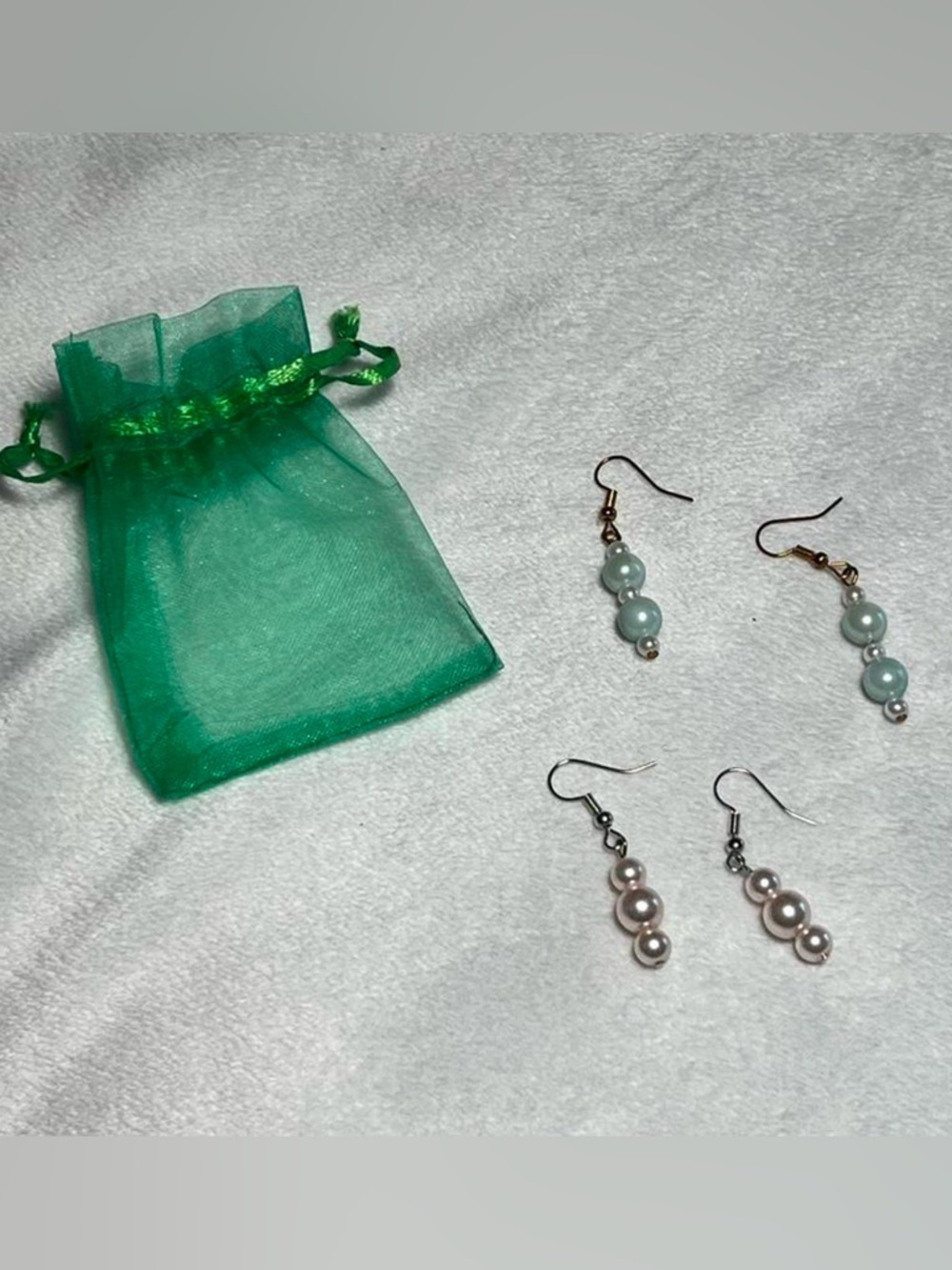 Pearl Drop Dangle Earrings - Green and Pink -